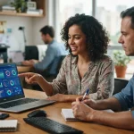 Imagem mostrando empresários brasileiros em pequena empresa utilizando um computador com gráficos e dashboards representando
