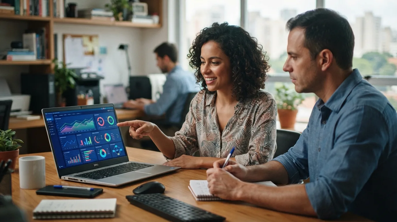 Imagem mostrando empresários brasileiros em pequena empresa utilizando um computador com gráficos e dashboards representando