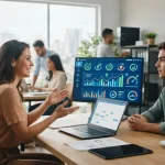 Ilustração mostrando uma pequena empresa com processos automatizados via tecnologia, como computadores e gráficos de eficiênc