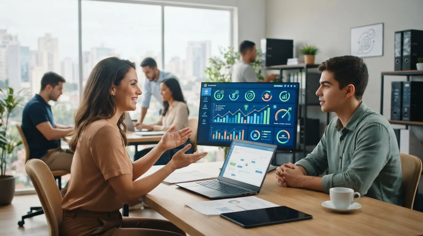 Ilustração mostrando uma pequena empresa com processos automatizados via tecnologia, como computadores e gráficos de eficiênc