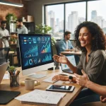 Imagem ilustrativa de uma pequena empresa utilizando automação digital, com gráficos de produtividade em tela de computador e
