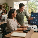 Ilustração de uma pequena empresa brasileira utilizando chatbots e agentes de IA para automatizar processos e aumentar a prod