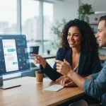 Representação ilustrativa de um chatbot interagindo com empresários de pequenas e médias empresas em ambiente digital moderno