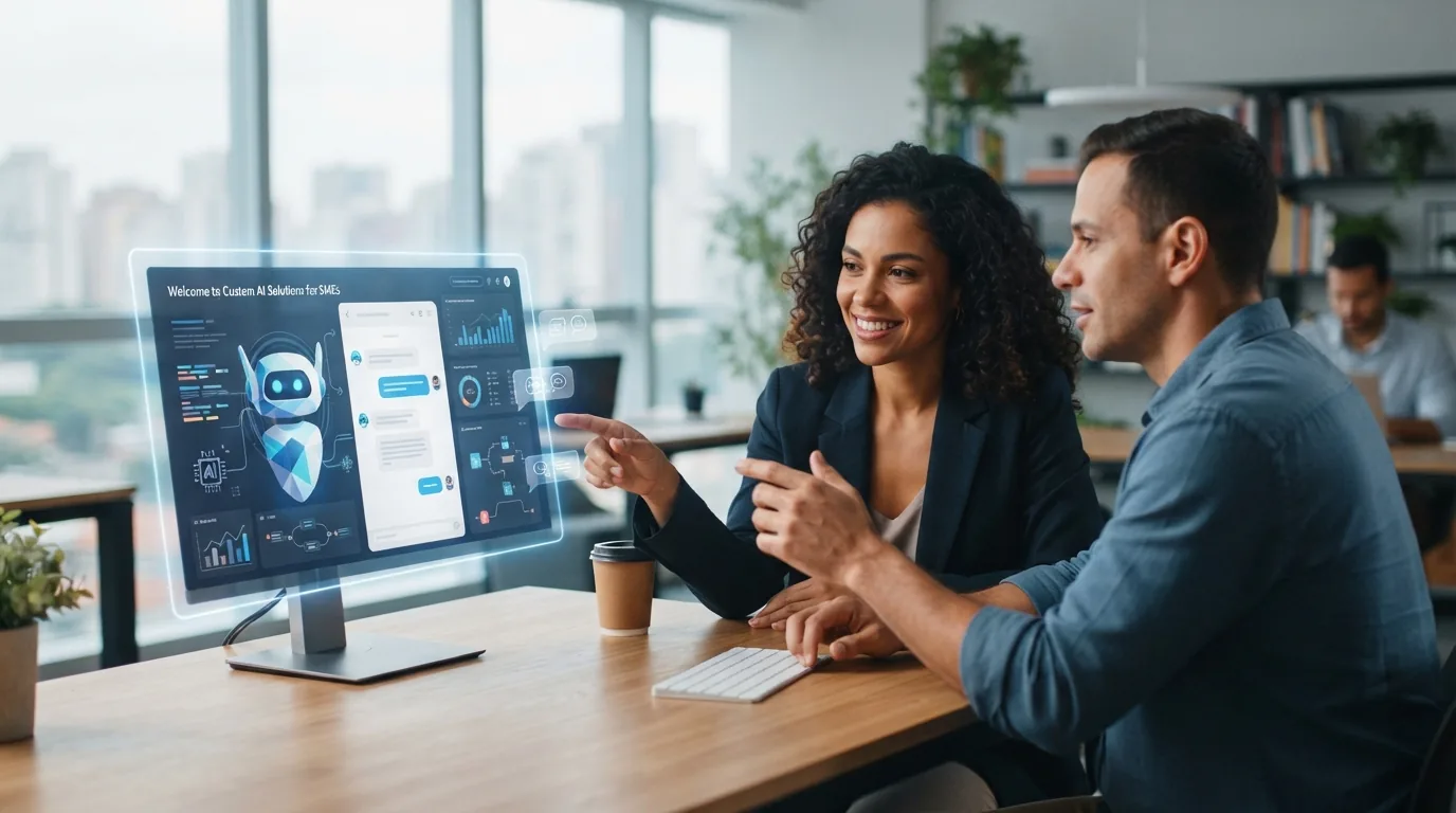 Representação ilustrativa de um chatbot interagindo com empresários de pequenas e médias empresas em ambiente digital moderno