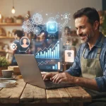 Ilustração de um pequeno empresário utilizando um notebook com gráficos de vendas e ícones de inteligência artificial represe