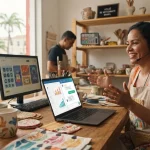 Imagem ilustrativa de uma pequena empresa brasileira usando chatbots em seus processos digitais, mostrando interação entre te