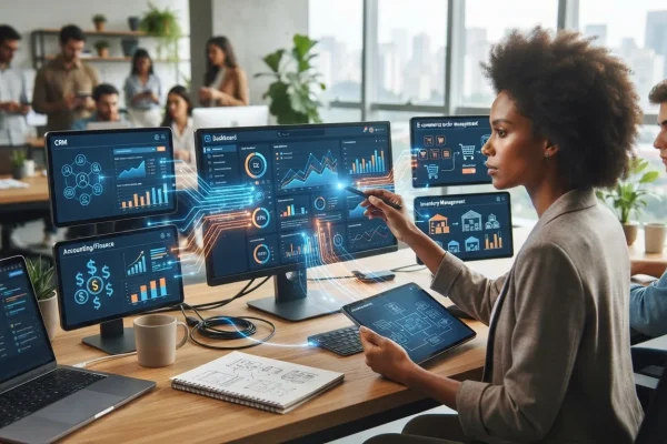 Ilustração mostrando a conexão entre diferentes sistemas digitais por meio de APIs integrando uma plataforma SaaS a ferrament