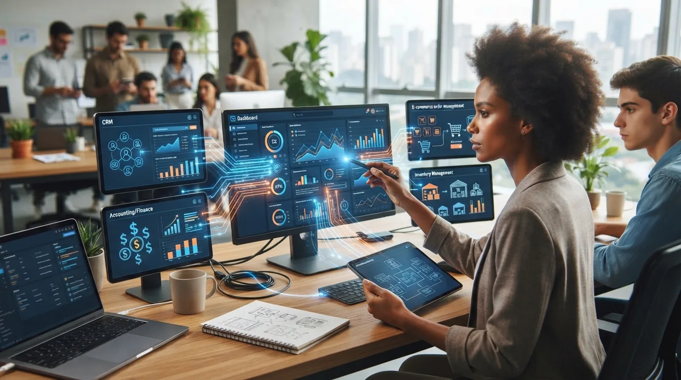 Ilustração mostrando a conexão entre diferentes sistemas digitais por meio de APIs integrando uma plataforma SaaS a ferrament