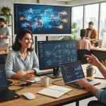 Ilustração de integração de sistemas internos em PMEs por meio de APIs personalizadas, mostrando computadores e ícones conect
