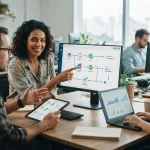 Imagem que mostra um fluxo de trabalho automatizado em um escritório de pequenas empresas, com gráficos digitais, computadore