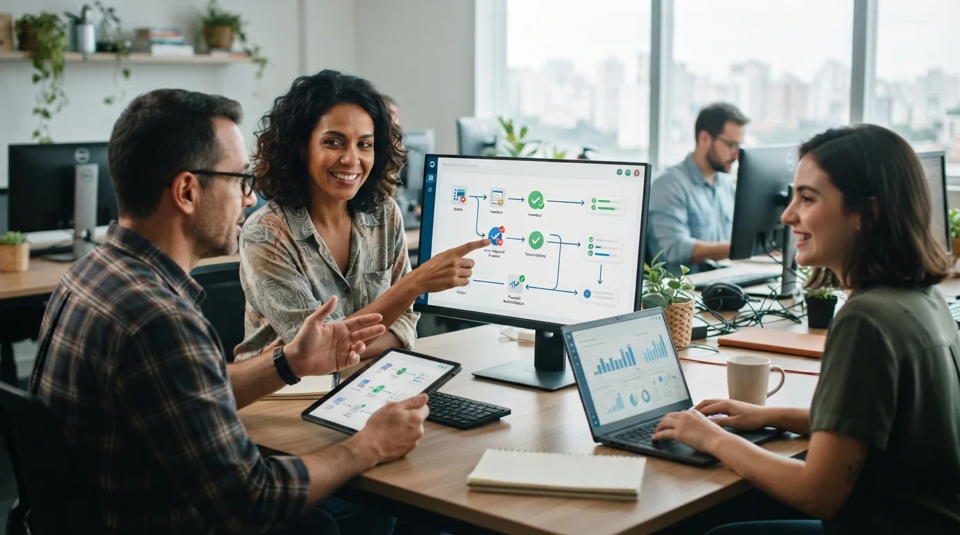 Imagem que mostra um fluxo de trabalho automatizado em um escritório de pequenas empresas, com gráficos digitais, computadore