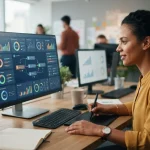 Imagem ilustrativa de um dashboard personalizado em computador, com gráficos e automações integradas, simbolizando tecnologia