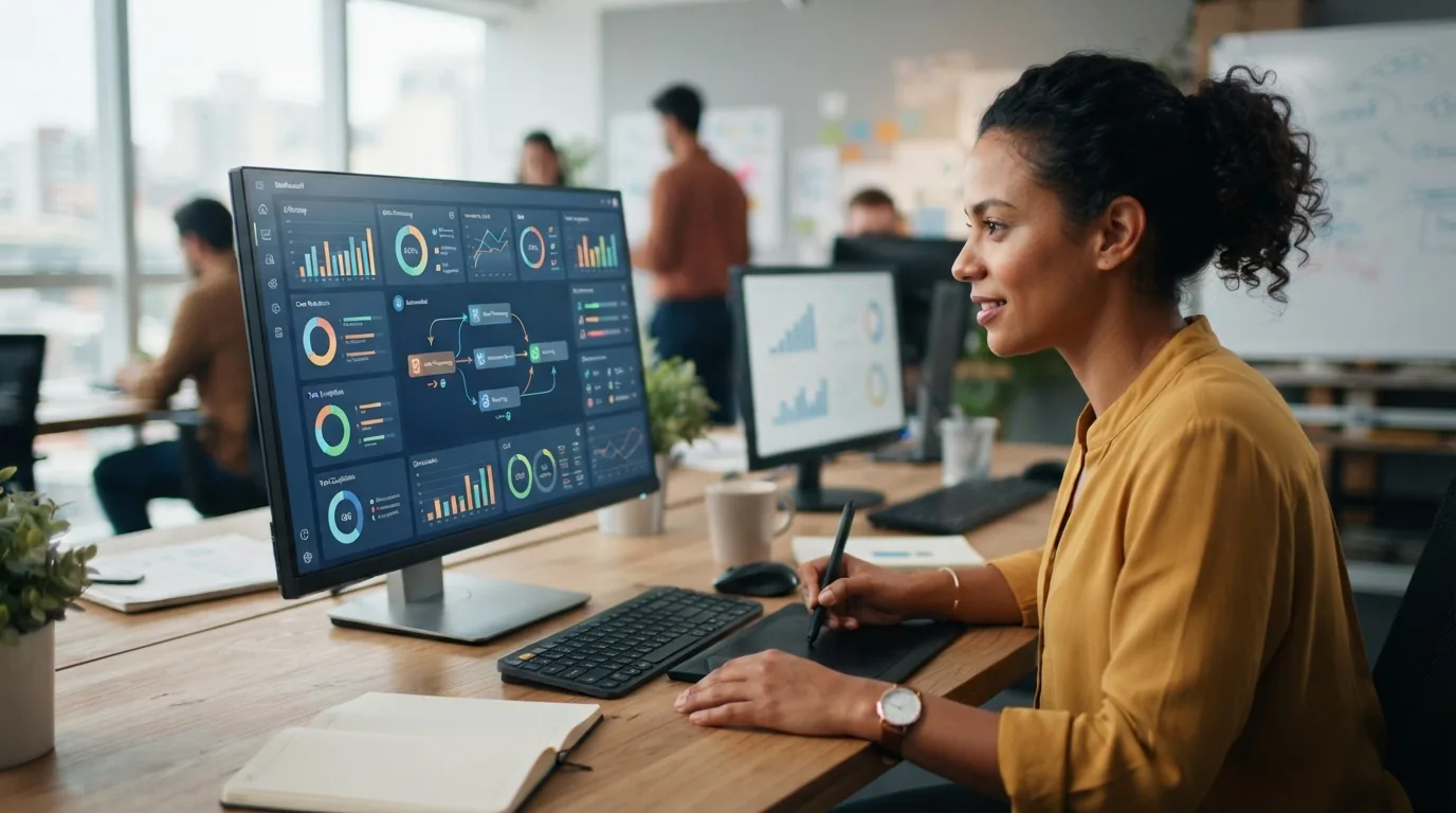 Imagem ilustrativa de um dashboard personalizado em computador, com gráficos e automações integradas, simbolizando tecnologia