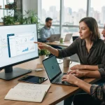 Ilustração de uma pequena empresa conectando diversas ferramentas digitais via APIs integradas em uma plataforma SaaS