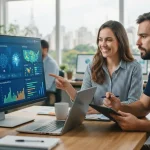 Imagem ilustrativa de uma PME brasileira utilizando um dashboard digital com gráficos e indicadores inteligentes, destacando