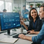Representação visual de uma pequena empresa utilizando um sistema moderno em computador, com elementos digitais que indicam i