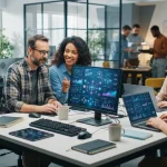 Equipe de pessoas em ambiente de trabalho moderno utilizando computadores e interfaces digitais com gráficos e elementos que