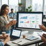 Imagem ilustrativa de uma interface de plataforma SaaS com gráficos e integração financeira voltada para pequenas e médias em