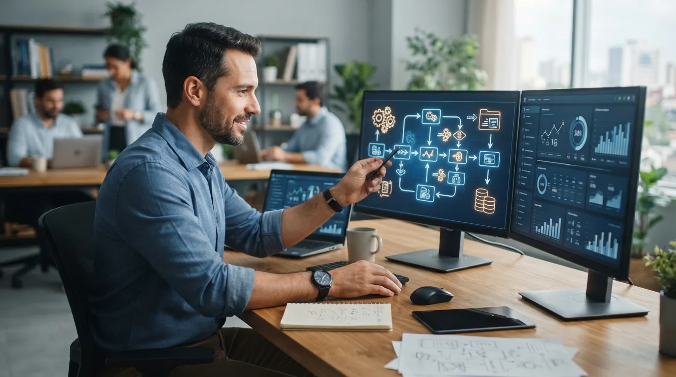 Imagem ilustrando um empresário de PME planejando a automação dos processos da empresa com gráficos, computadores e fluxogram