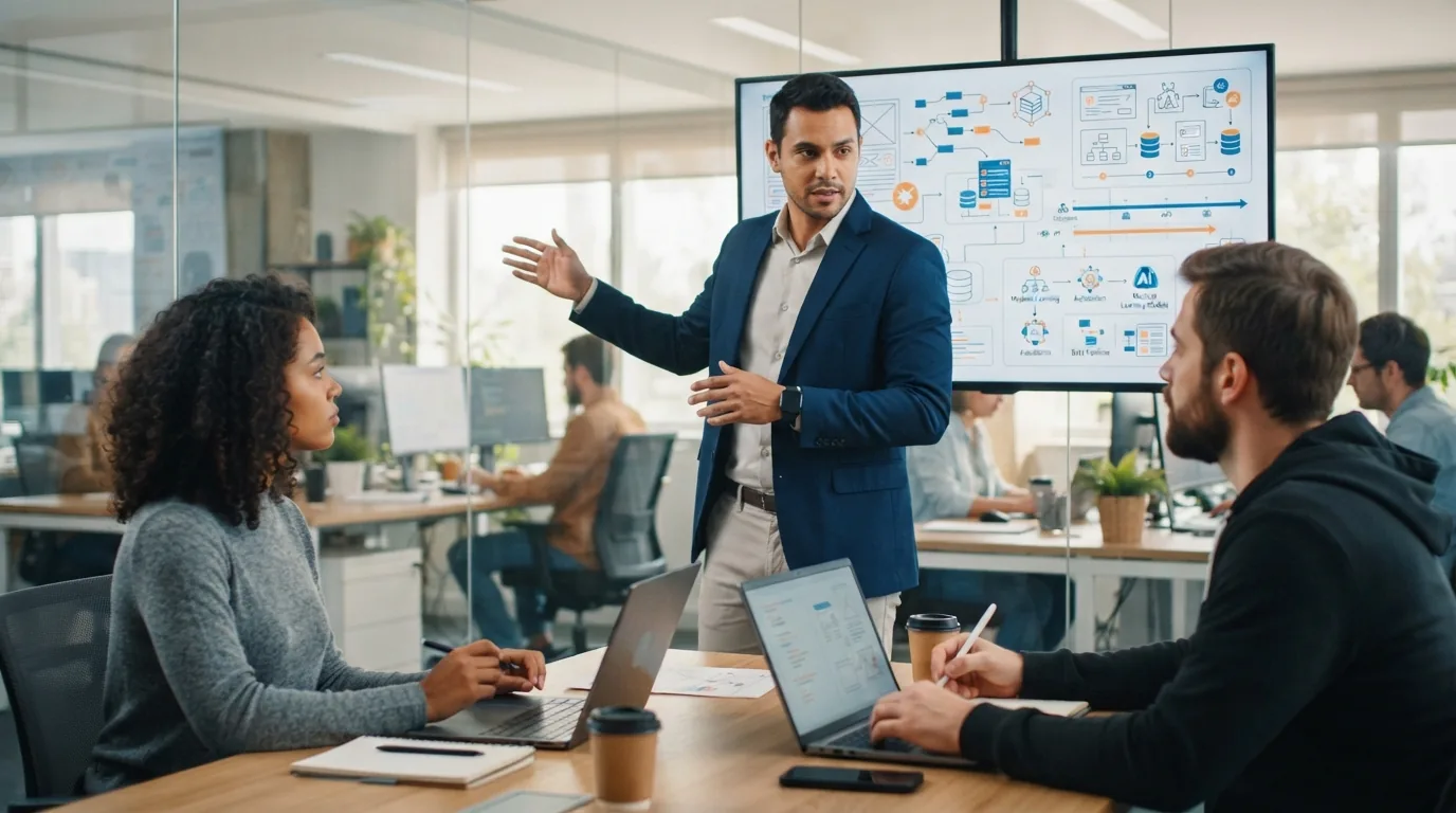 Imagem ilustrativa de um empresário apresentando um projeto detalhado para desenvolvedores de software, com gráficos e fluxog