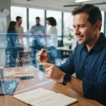 Imagem ilustrativa de um empresário analisando processos operacionais com gráficos digitais e elementos de inteligência artif