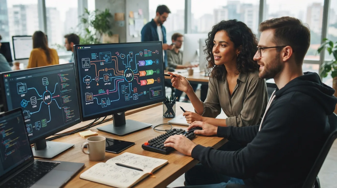 Ilustração de uma PME conectando seus sistemas por meio de uma API personalizada, mostrando integração digital e automação de