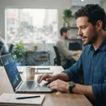 Imagem ilustrativa de um empresário de PME usando um laptop com gráficos de dados e elementos de inteligência artificial ao r