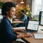 Representação visual de uma pequena empresa utilizando software personalizado em seu computador, com elementos gráficos que i