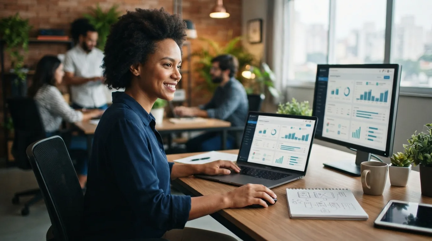 Representação visual de uma pequena empresa utilizando software personalizado em seu computador, com elementos gráficos que i