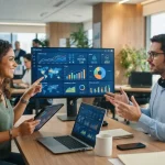 Representação visual de pequenas empresas usando plataformas SaaS integradas com Inteligência Artificial, mostrando fluxos di