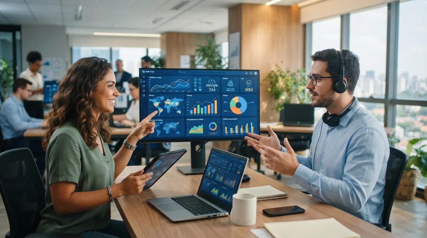 Representação visual de pequenas empresas usando plataformas SaaS integradas com Inteligência Artificial, mostrando fluxos di