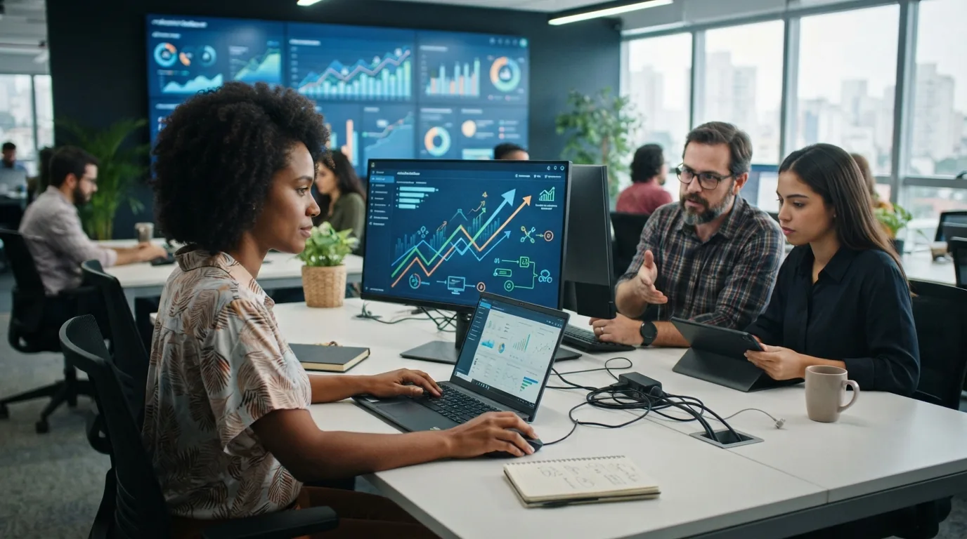 Imagem que mostra profissionais em uma PME usando computadores e dispositivos digitais integrados com gráficos de crescimento