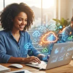 Ilustração de uma pequena empresa brasileira utilizando um computador conectado a diversos ícones de nuvem e softwares, repre