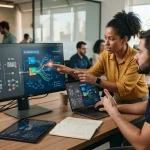 PME brasileira analisando gráficos e usando computador com interface de IA para modernizar sistema legado