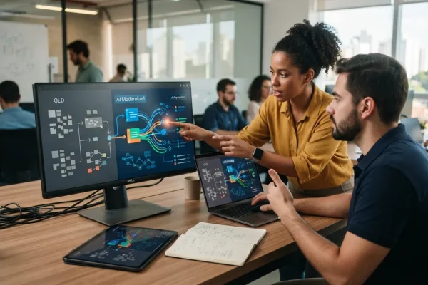 PME brasileira analisando gráficos e usando computador com interface de IA para modernizar sistema legado