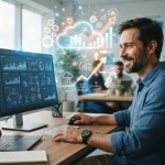 Ilustração de um empresário brasileiro utilizando softwares SaaS na nuvem, com ícones de automação e gráficos de produtividad
