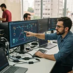 Ilustração de um processo de integração digital entre diversos sistemas em uma PME brasileira, destacando conexões por APIs
