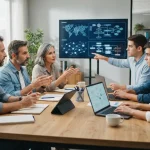 Ilustração de uma reunião entre representantes de uma PME e desenvolvedores de IA, discutindo estratégias e soluções tecnológ
