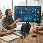 Ilustração representando integração de inteligência artificial em projetos de software personalizados para pequenas empresas