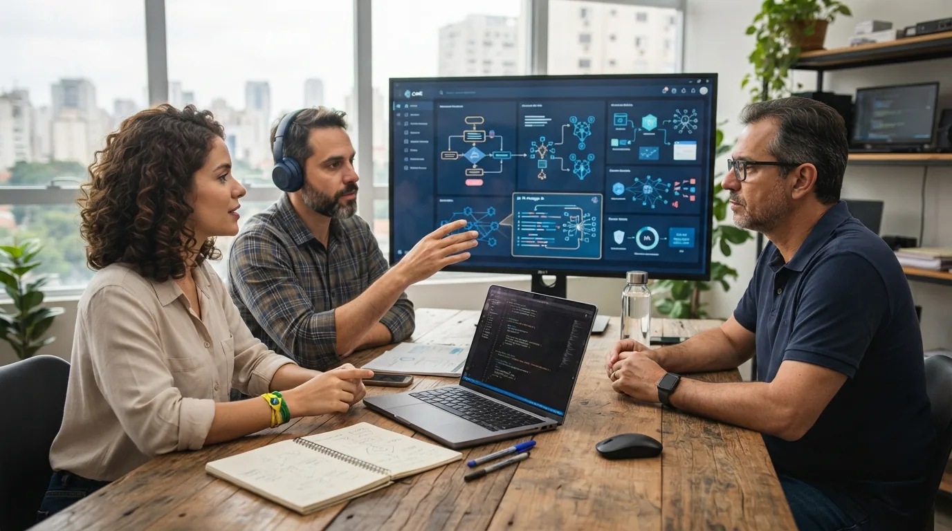 Ilustração representando integração de inteligência artificial em projetos de software personalizados para pequenas empresas