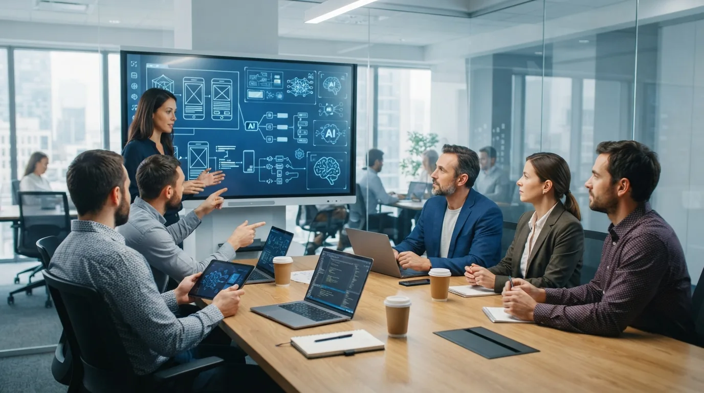 Imagem ilustrativa de reunião entre empresários de pequenas e médias empresas com equipe de desenvolvedores discutindo projet