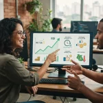 Representação visual de uma pequena empresa com gráficos e ícones de chatbot e inteligência artificial destacando resultados