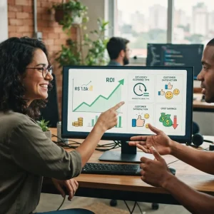 Representação visual de uma pequena empresa com gráficos e ícones de chatbot e inteligência artificial destacando resultados