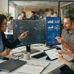 Imagem de profissionais analisando gráficos e código em telas de computador, simbolizando desenvolvimento de APIs e integraçõ