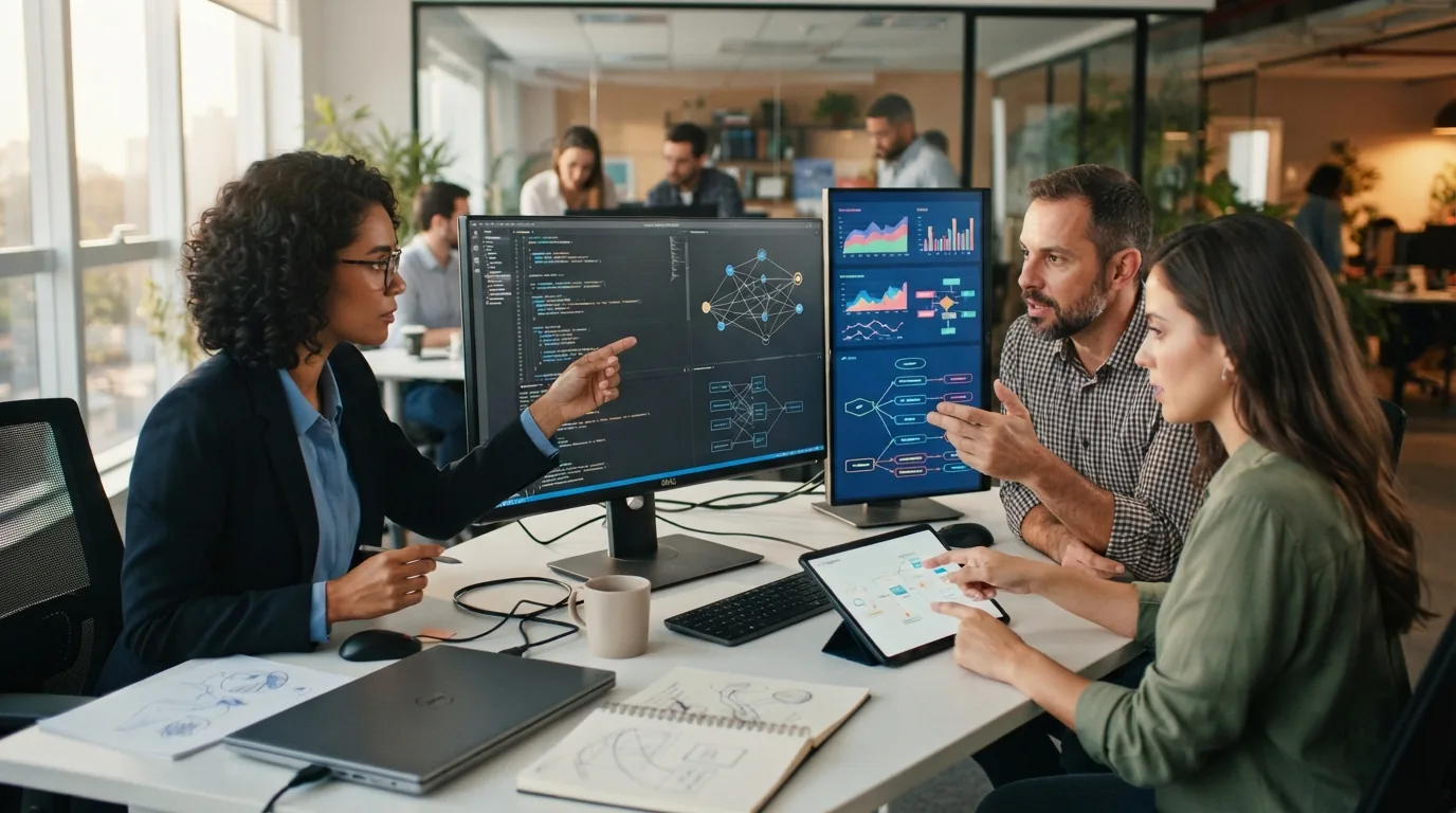 Imagem de profissionais analisando gráficos e código em telas de computador, simbolizando desenvolvimento de APIs e integraçõ