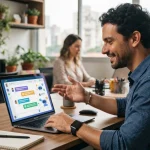 Um empresário brasileiro de PME utilizando um computador com uma interface de chatbot em tela, simbolizando atendimento autom