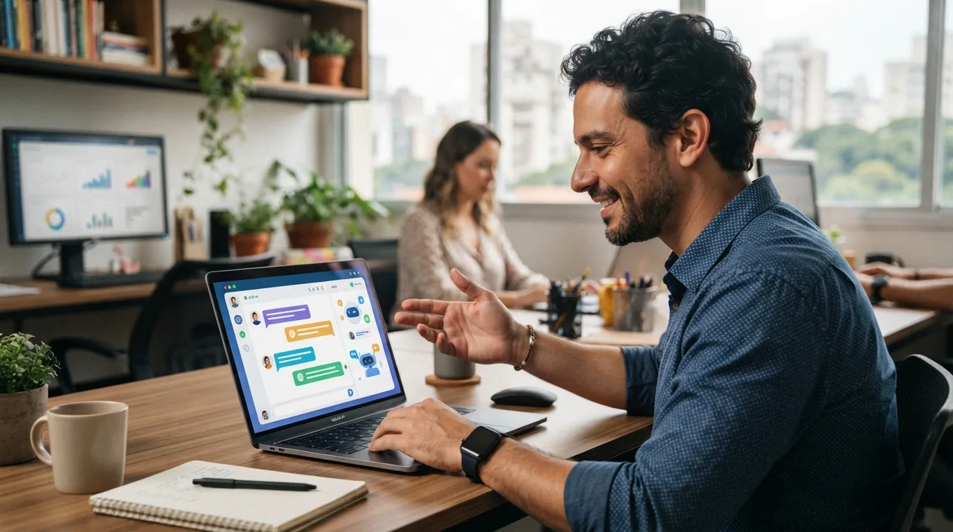 Um empresário brasileiro de PME utilizando um computador com uma interface de chatbot em tela, simbolizando atendimento autom