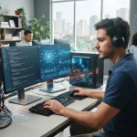 Representação visual de um sistema interno de empresa com elementos gráficos de inteligência artificial, como ícones de rede