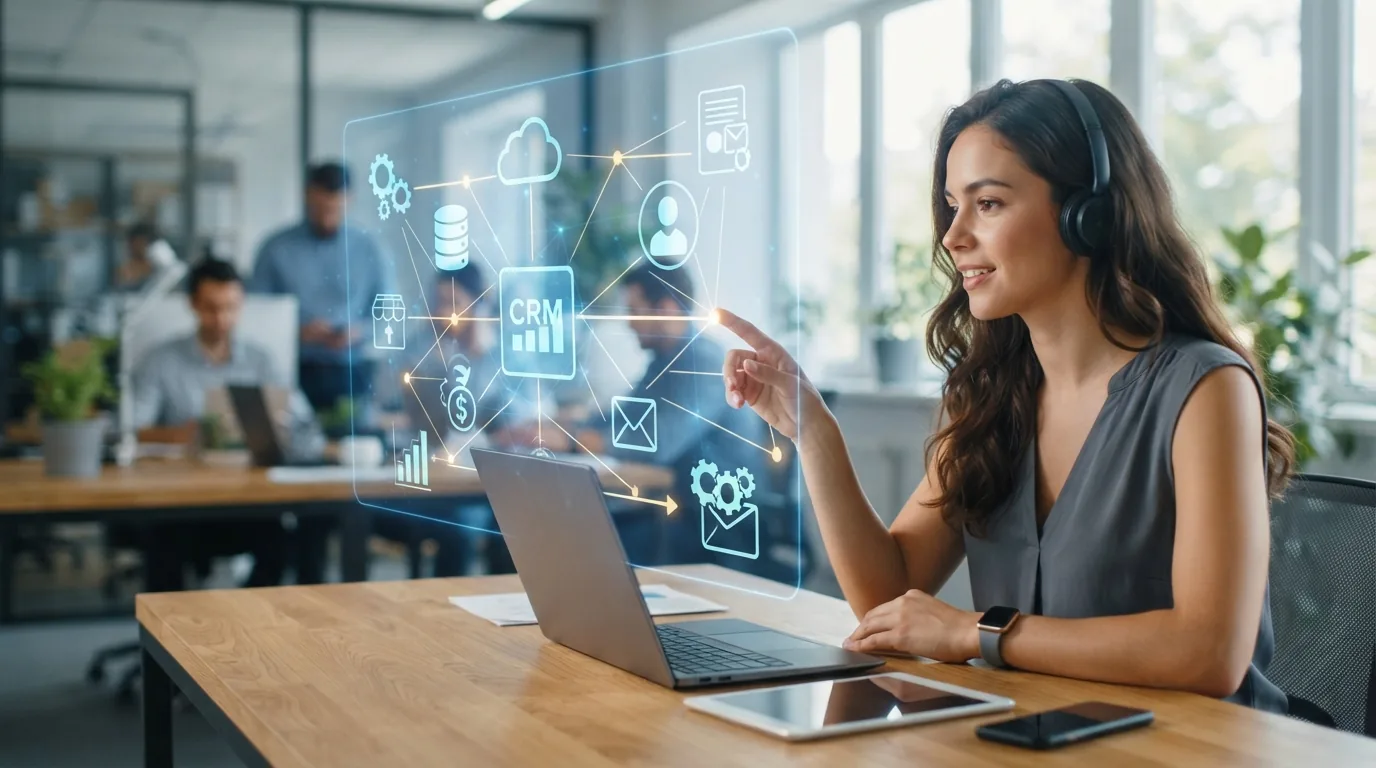 Ilustração de uma rede digital conectando diversos ícones representando sistemas internos e integrações em uma PME