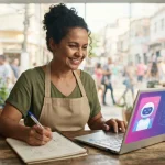 Pequeno empresário interagindo com um chatbot em laptop, simbolizando o uso de IA para melhorar o atendimento ao cliente em p